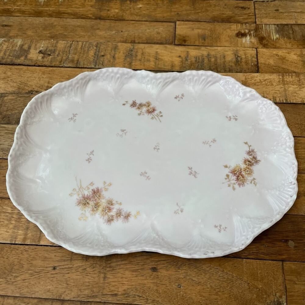 Vintage Oval Ceramic Serving Platter 12" Light Pink Scattered Floral Gold Accent